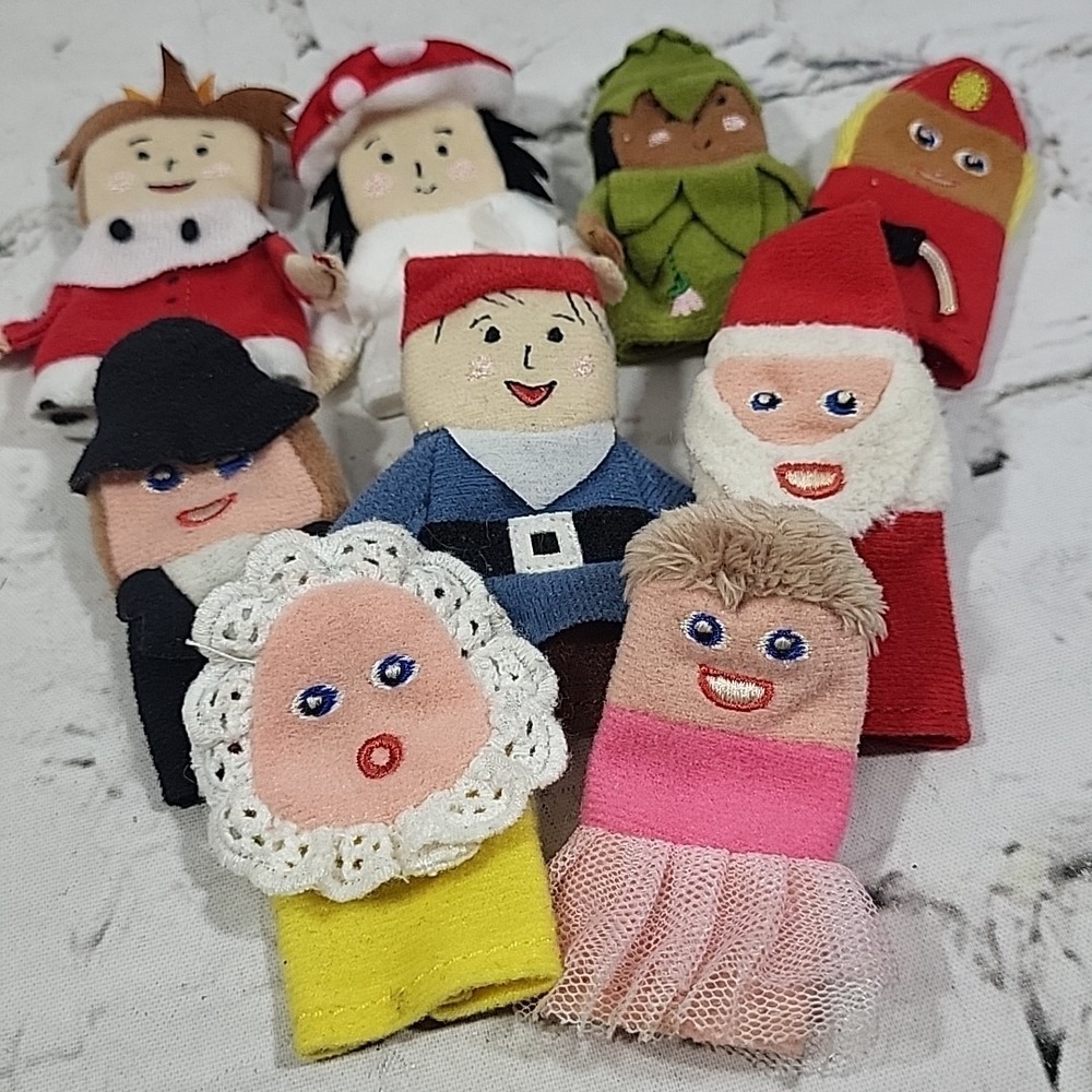 Vintage Finger Puppets Theater Storytelling Lot Of 9 Santa Fairy Baby Gnome King